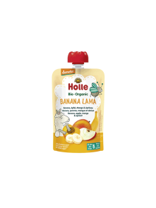 Organic Holle banana, apple, mango and apricot purée in a resealable pouch 100g