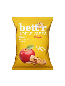 Bett'r organic apple chips in a yellow bag of 50g