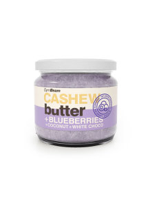 GymBeam cashew butter with blueberries, coconut and white chocolate in a glass jar of 340g