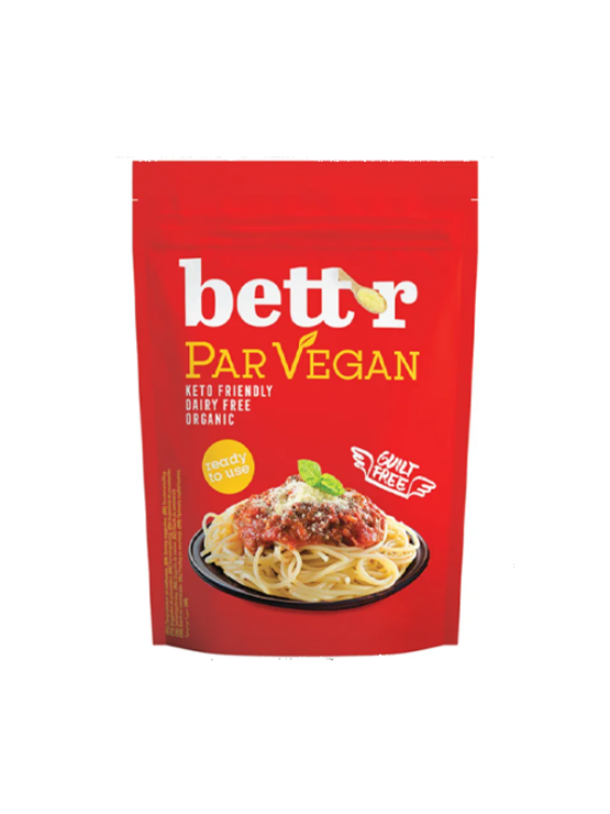 Bett'r organic vegan cheese in a red packaging containing 150g